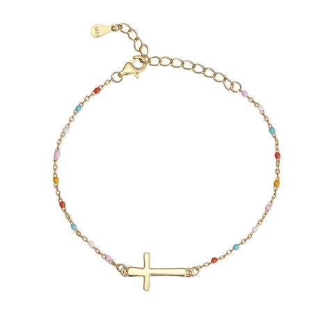 Pulsera de Cruz de Plata de Ley S925 Minimalista para Mujer Moda Cuentas de Esmalte de Colores Cadena Chapada en Oro Joyería