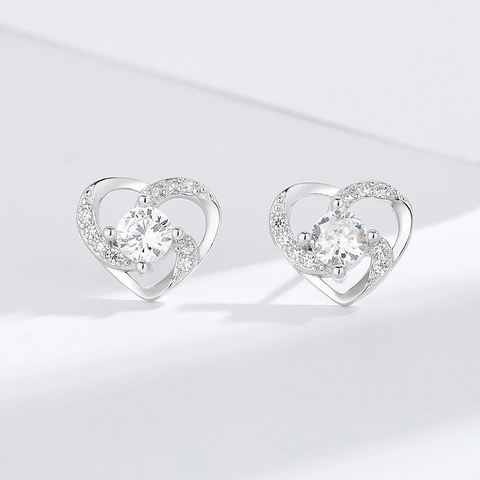 Pendientes de Botón de Corazón de Plata de Ley 925 Elegantes para Mujer Joyería Romántica con Strass Incrustado Regalo Valentín