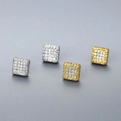 Orecchini a Bottone Quadrati in Argento Sterling S925 per Donna con Zirconia Intarsiata Elegante Motivo Martellato Geometrico Gioielli di Moda Argento Oro