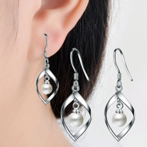 925 Sterling Silver Hollow Twisted Rhombus Drop Earrings Artificial Pearl Pendant Elegant Women Fashion Jewelry Gift