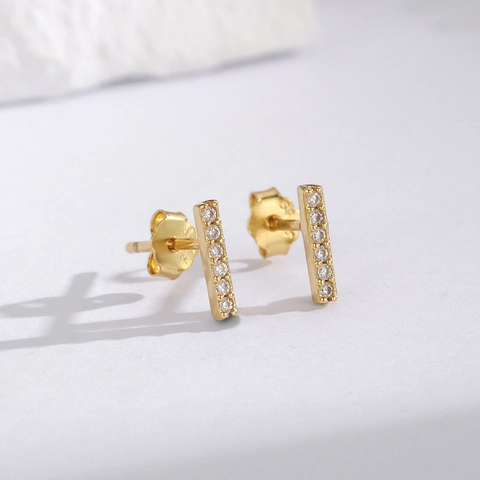 Minimalist 925 Sterling Silver Bar Stud Earrings For Women Single Row Rhinestone Inlaid Gold Silver Plated Jewelry Accessories Gift