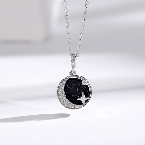 Collana Con Pendente a Luna e Stella in Argento Sterling S925 per Donna Catena Clavicicola con Pietra Arenaria Blu e Strass