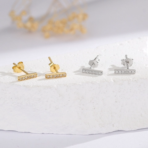 Minimalist 925 Sterling Silver Bar Stud Earrings For Women Single Row Rhinestone Inlaid Gold Silver Plated Jewelry Accessories Gift