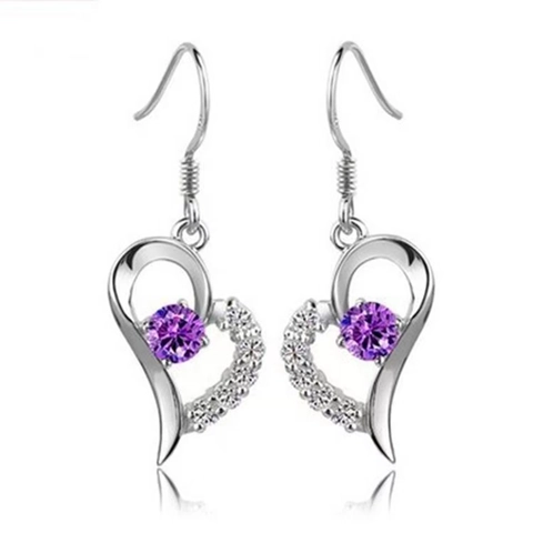 925 Sterling Silver Hollow Heart Drop Earrings With Purple White Rhinestone Sparkling Gemstone Jewelry For Women Girls Gift