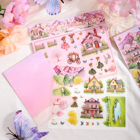 ZABC Clear Scenery Series PET Landscape Stickers 3 Sheets Pastoral Style Architecture DIY Scrapbooking Decoration Materials