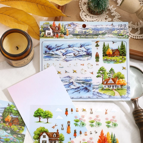 ZABC Clear Scenery Series PET Landscape Stickers 3 Sheets Pastoral Style Architecture DIY Scrapbooking Decoration Materials
