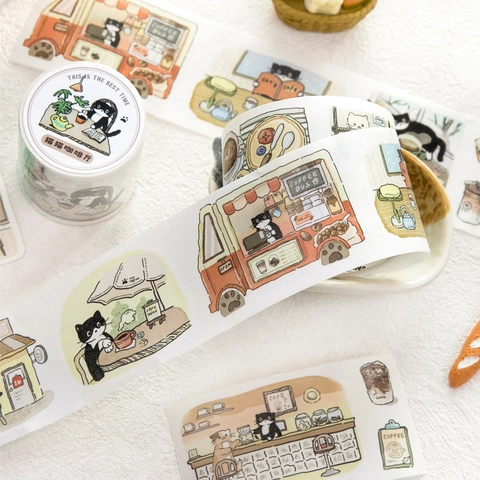 Cartoon Cat Cafe Washi Tape Special Oil Die Cut Decorative Tape For DIY Journaling Scrapbooking Washi Paper Stationery Decoration Art