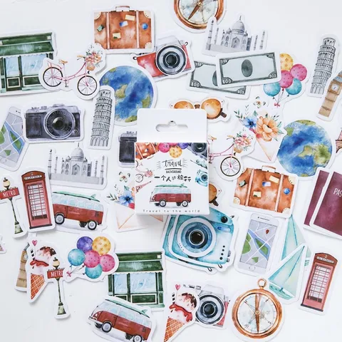 Autocollants Aquarelle Thème Voyage Vintage pour Scrapbooking Album Photo DIY Adhésifs Décoratifs Monuments du Monde