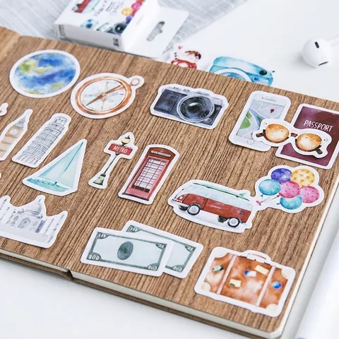 Vintage Watercolor Travel Theme Boxed Stickers For Scrapbooking DIY Journal Album Decor Retro Camera Globe Landmark Decor Stickers