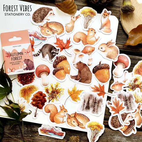 Caja de Pegatinas Temática Bosque de Otoño Animales Acuarela Hojas Hongo Scrapbooking DIY Diario Etiquetas de Sellado