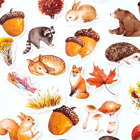 Caja de Pegatinas Temática Bosque de Otoño Animales Acuarela Hojas Hongo Scrapbooking DIY Diario Etiquetas de Sellado