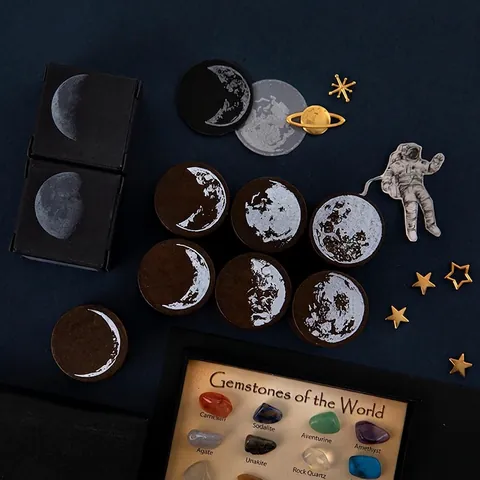 Vintage Moon Phase Series Wooden Stamp Round Lunar Cycle Rubber Stamps For DIY Scrapbooking Journal Diary Decor Stationery Gift