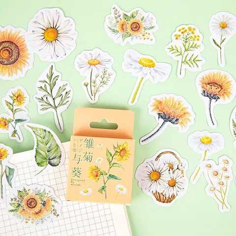 Marguerite Tournesol Autocollants en Boîte Vintage Floral Autocollants Botanique Plante Décalcomanies pour Journaling DIY Décoration