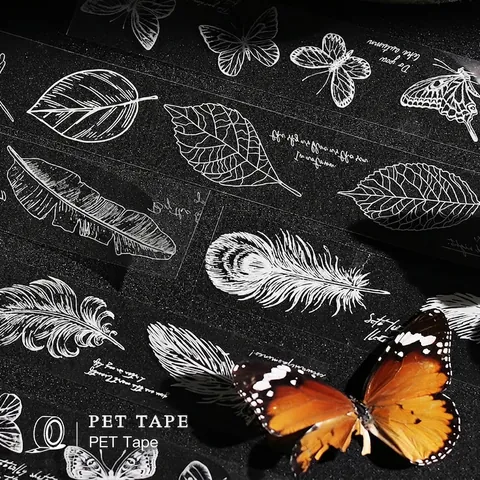 Nastro PET Vintage Inchiostro Bianco Design Botanico Farfalla Piuma Foglia per Fai da Te Scrapbooking Diario Nastro Decorativo