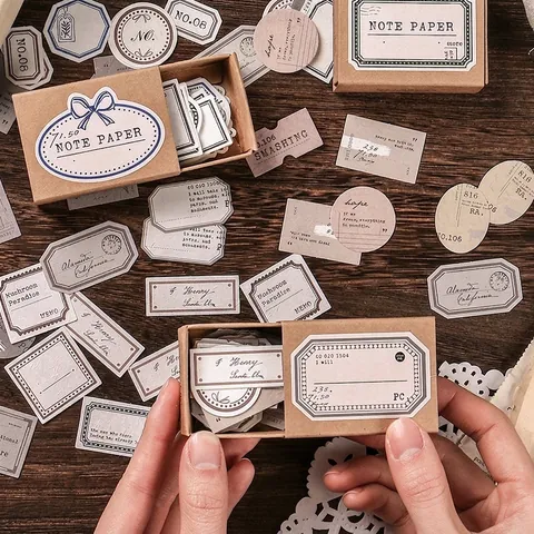 Juego de Papel de Notas Decorativo Vintage Mini Etiquetas Retro Scrapbooking Material con Caja de Almacenamiento Papel