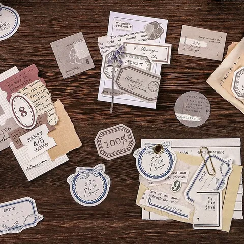 Juego de Papel de Notas Decorativo Vintage Mini Etiquetas Retro Scrapbooking Material con Caja de Almacenamiento Papel