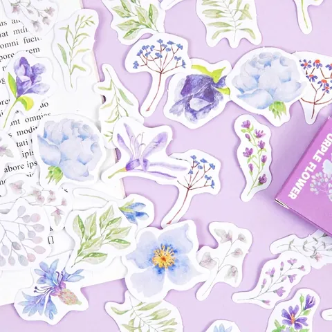 Purple Flower Botanical Paper Stickers Retro Style Decorative Floral Decals For Scrapbooking Journaling DIY Arts Crafts