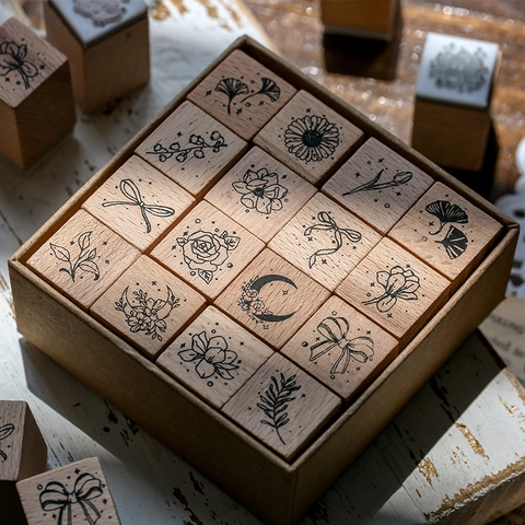 Vintage Wood Rubber Botanical Stamp Collection Floral Moon Butterfly Ribbon For Scrapbooking Journaling DIY Crafting Accessory