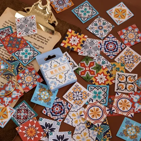 Autocollants Décoratifs Carreaux Vintage Motifs Géométriques Mandala Rétro Étiquettes en Papier Adhésif pour Décoration de Journal DIY