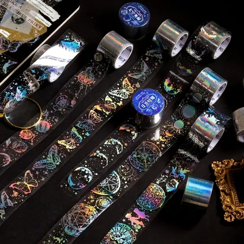 Holografisches PET Washi Tape White Night Flying Serie Laser Silber Mond Schmetterling Kosmische Scrapbooking Dekoration DIY Aufkleber