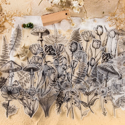 Vintage Botanische Pergamentpapier Aufkleber Schwarz Weiß Linienzeichnung Pflanze Floral Deko Material Für Scrapbooking Journaling