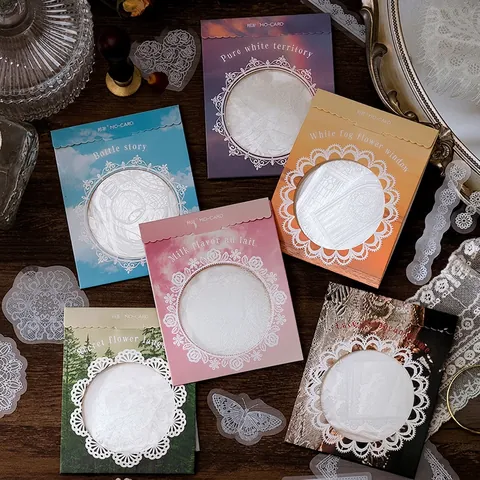 Vintage Witte Kant PET Decoratieve Stickers Set Retro Vlinder Bloem Witte Inkt Waterdicht Journaling Scrapbooking DIY Stickers