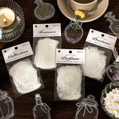 Vintage PET White Ink Stickers Glassware Bottle Series Artistic Scrapbooking Journal Decoration DIY Art Craft Supplies