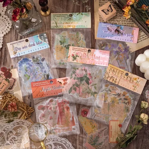 Vintage Floral PET Stickers Pack 30PCS Gilded Botanical Collage Decals For Scrapbooking Diary Planner Art DIY Crafts Journaling
