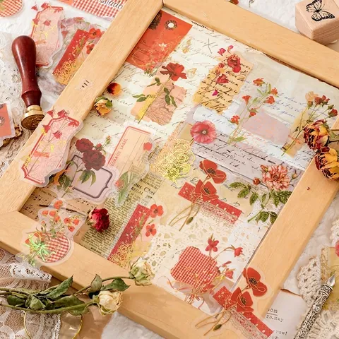 Vintage Floral PET Stickers Pack 30PCS Gilded Botanical Collage Decals For Scrapbooking Diary Planner Art DIY Crafts Journaling