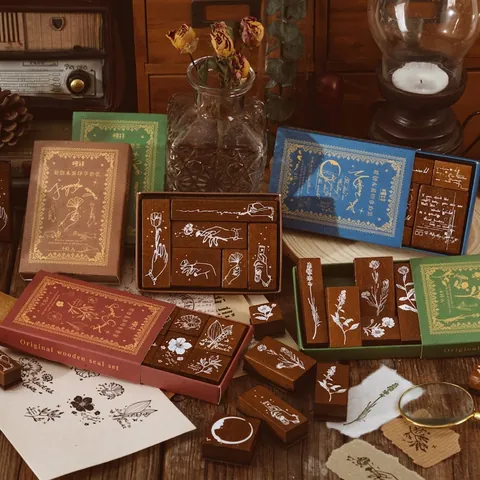 Vintage Wooden Rubber Stamp Set Flower Botanical Hand Gesture Patterns For Scrapbooking DIY Decorative Journaling Supplies