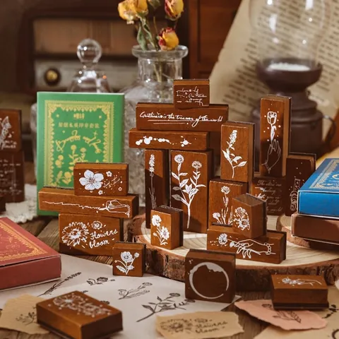 Vintage Wooden Rubber Stamp Set Flower Botanical Hand Gesture Patterns For Scrapbooking DIY Decorative Journaling Supplies