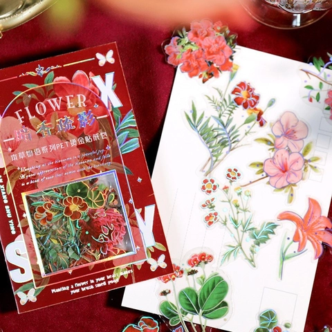 Set di Adesivi in PET Floreali Vintage Bronzatura Decalcomanie Decorative Botaniche per Scrapbooking Fai da Te Forniture