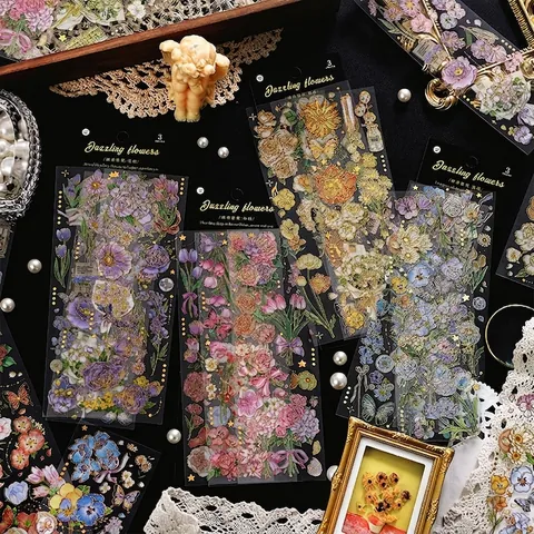 Vintage 3D Gold Stamping PET Floral Butterfly Stickers Four Seasons Messenger Series Scrapbooking Journal Decoration DIY Supplies