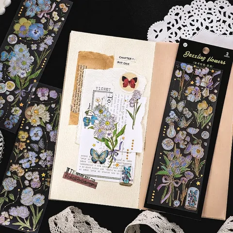 Vintage 3D Gold Stamping PET Floral Butterfly Stickers Four Seasons Messenger Series Scrapbooking Journal Decoration DIY Supplies