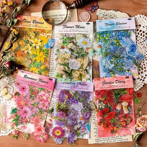 Vintage Flower Stickers Set For Scrapbooking DIY Journal Transparent OPP Botanical Floral Butterfly Irregular Decal Material Bag