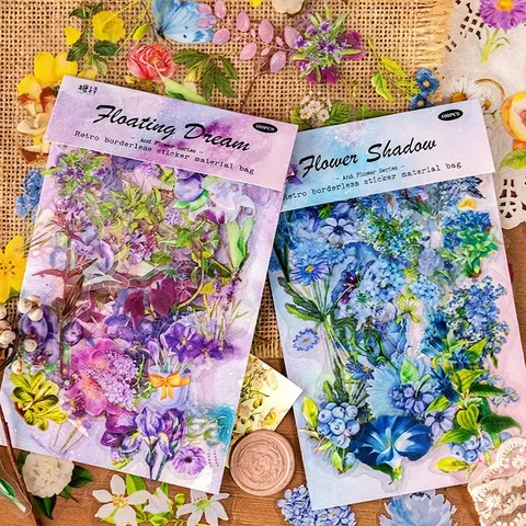 Vintage Flower Stickers Set For Scrapbooking DIY Journal Transparent OPP Botanical Floral Butterfly Irregular Decal Material Bag