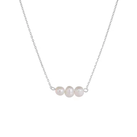 925 Sterling Silver Freshwater Pearl Necklace For Women Minimalist Three Pearl Pendant Clavicle Cross Chain Commute Jewelry