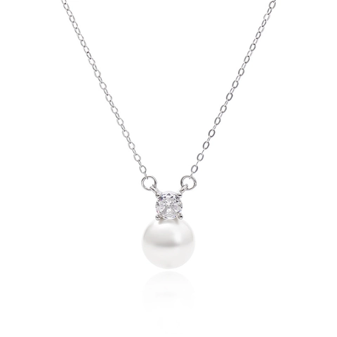 Collana con Ciondolo in Perla Artificiale in Argento Sterling 925 per Donna Perla di Conchiglia Rotonda Zirconia Gioielli Eleganti