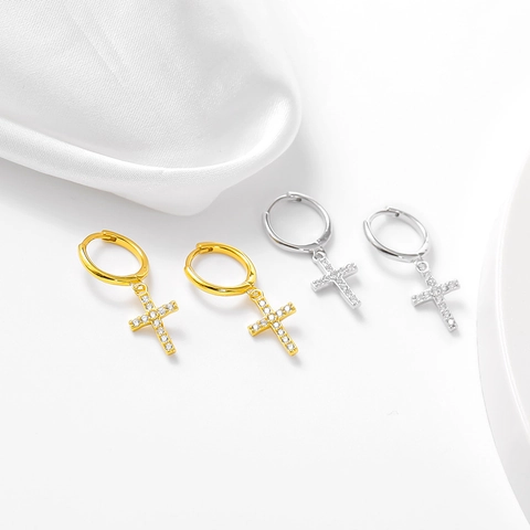 Orecchini a Cerchio con Croce in Argento Sterling 925 per Donna Minimalisti Intarsiati con Zirconia Orecchini Pendenti Gioielli Regalo