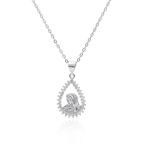 925 Sterlingsilber Jungfrau Maria Porträtrelief Anhänger Halskette Teardrop Zirkonia Pavé Religiöser Schmuck Für Damen Mutter Geschenk