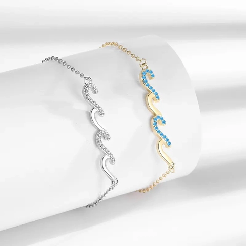 Bracciale a Onda in Argento Sterling S925 per Donna Minimalista Intarsiato con Zirconia Placcato Oro Argento Stile Oceano Gioielli di Moda Regolabili