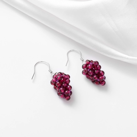 Orecchini Pendenti Fatti a Mano in Argento Sterling S925 con Granato Naturale Grappolo d'Uva Donna Gioielli Frutta