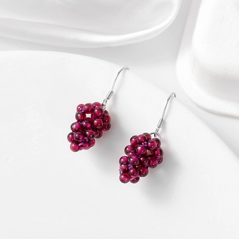 Orecchini Pendenti Fatti a Mano in Argento Sterling S925 con Granato Naturale Grappolo d'Uva Donna Gioielli Frutta