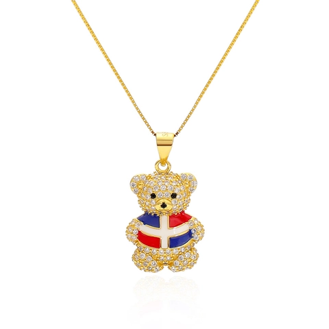 925 Sterling Silver Teddy Bear Pendant Necklace Zirconia Enamel Flag Pattern Hip Hop Chain Jewelry For Women