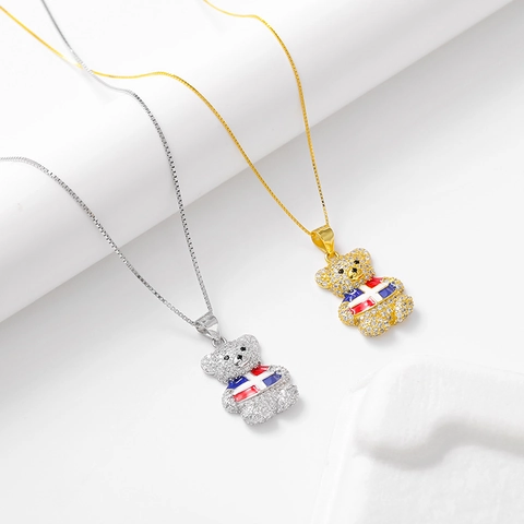 925 Sterling Silver Teddy Bear Pendant Necklace Zirconia Enamel Flag Pattern Hip Hop Chain Jewelry For Women