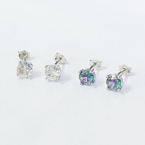Orecchini a Bottone in Argento Sterling 925 con Zirconia Rotonda per Donna Placcati Oro Bianco Zirconia Arcobaleno Gioielli