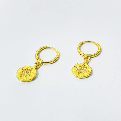 Vintage 925 Sterling Silver Eight Pointed Star Coin Drop Earrings Gold Plated Rhinestone Starburst Hoop Earrings For Women