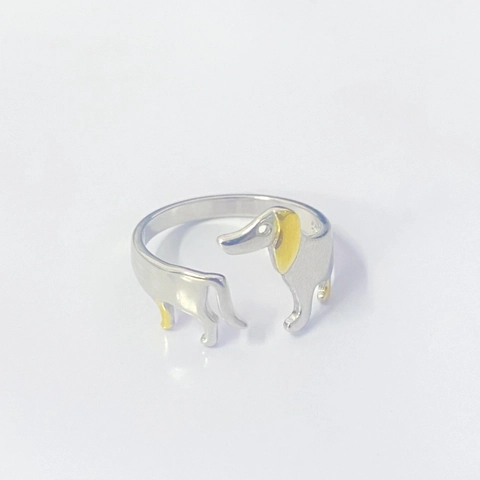 Anello in Argento Sterling 925 a Forma di Bassotto per Uomo e Donna Simpatico Animale Anello Aperto Regolabile Gioielli Bicolore Regalo