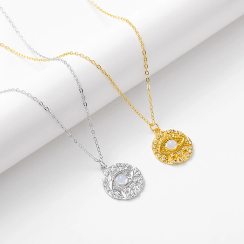 Collana con Ciondolo a Disco Rotondo Malocchio in Argento Sterling S925 e Pietra di Luna Con Zirconia Gioielli per Donna