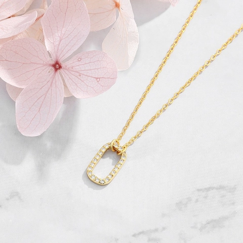 Collana con Ciondolo Ovale in Argento Sterling 925 Placcato Oro per Donna Zirconia Intarsiata Geometrica Catena Minimalista